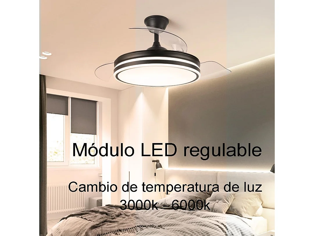 Ventilador de techo con Luz Led COSMOS aspas retractil que se esconden aspas ocultas transparentes super silencioso, con mando a distancia (Negro)