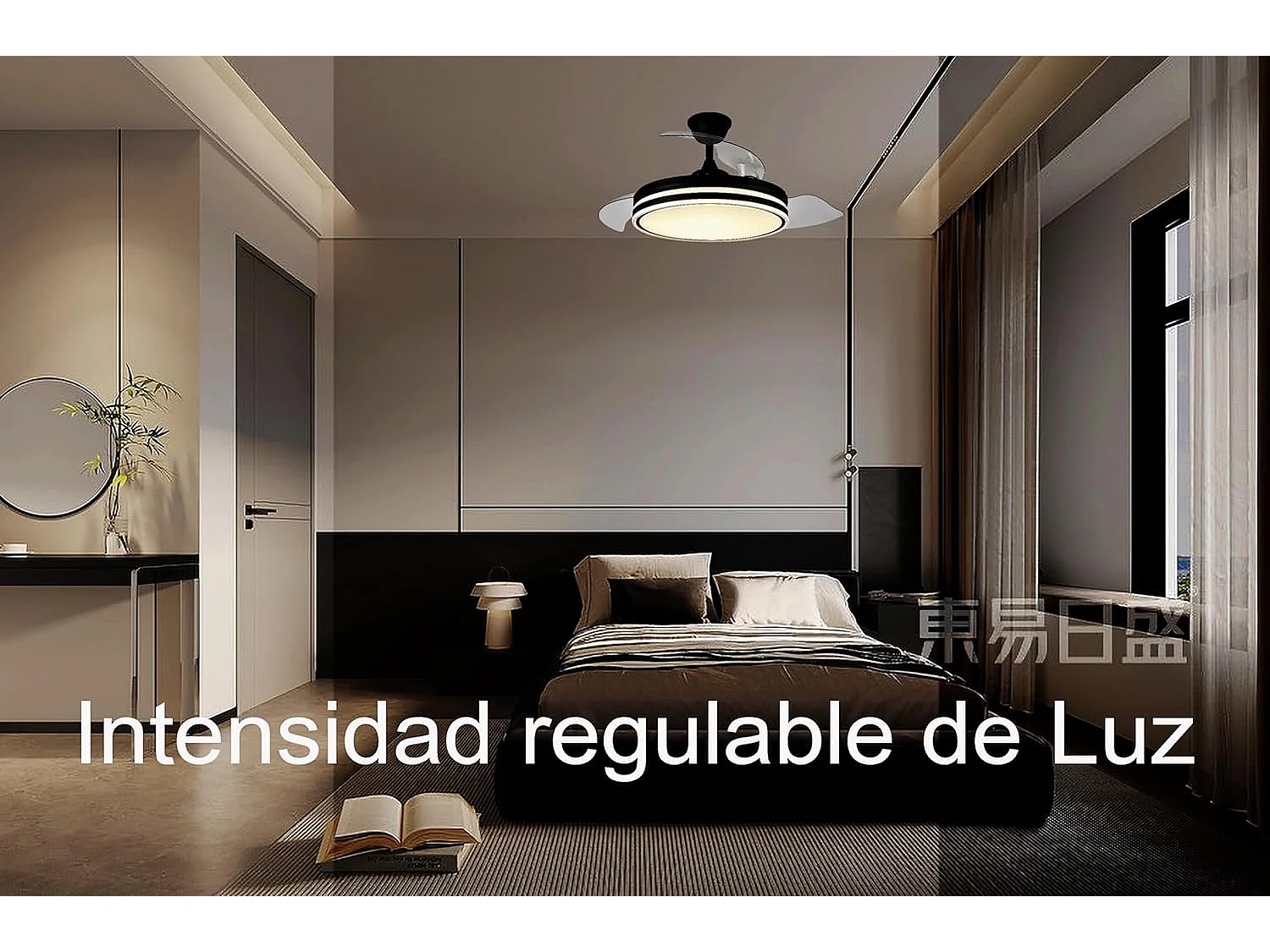 Ventilador de techo con Luz Led COSMOS aspas retractil que se esconden aspas ocultas transparentes super silencioso, con mando a distancia (Negro)