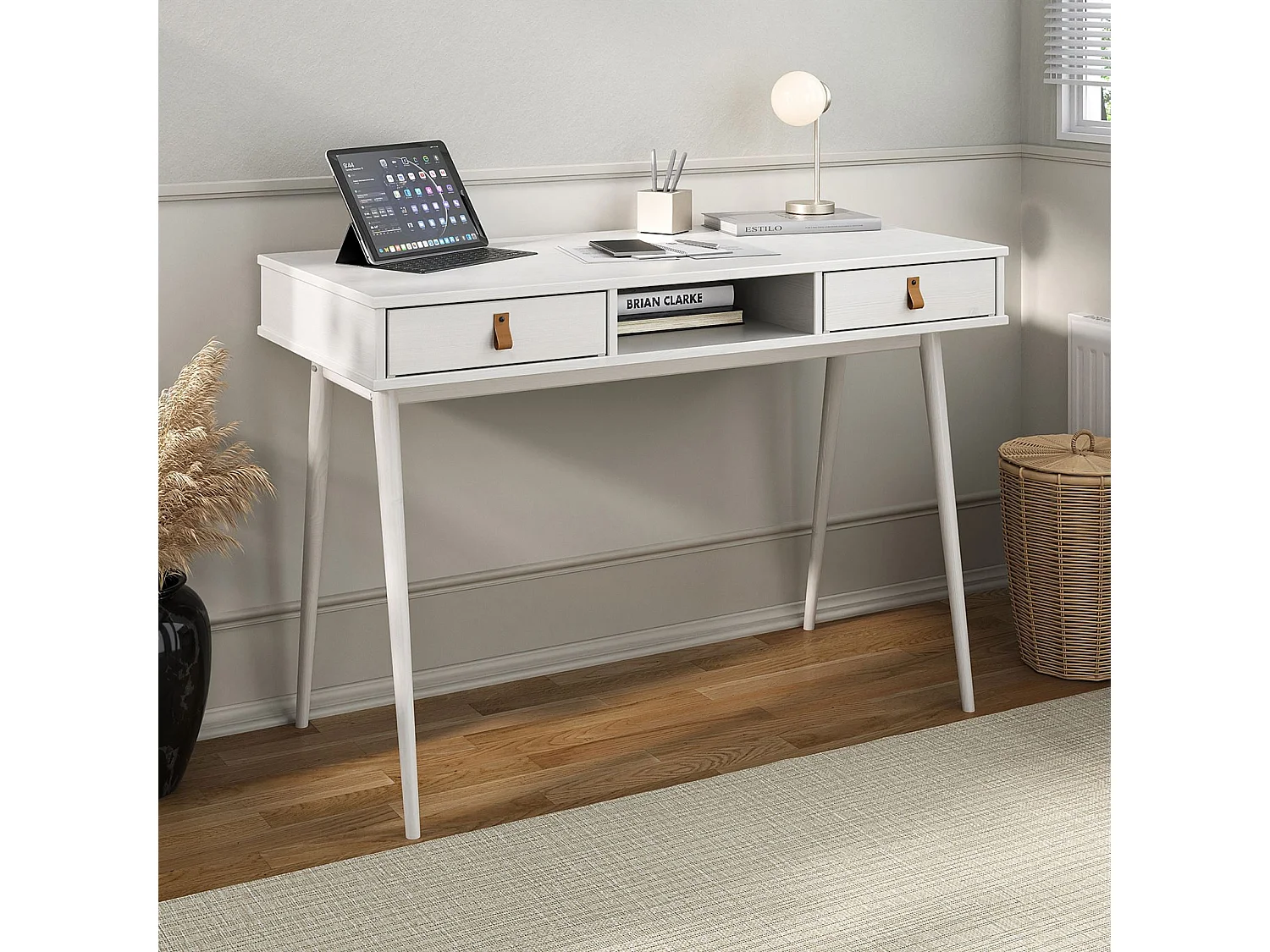 Bureau KIM secrétaire en pin massif avec 2 tiroirs et 1 niche bois lasuré blanc