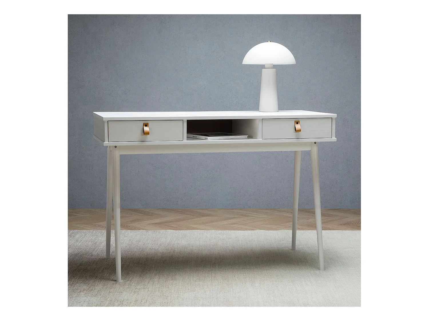 Bureau KIM secrétaire en pin massif avec 2 tiroirs et 1 niche bois lasuré blanc