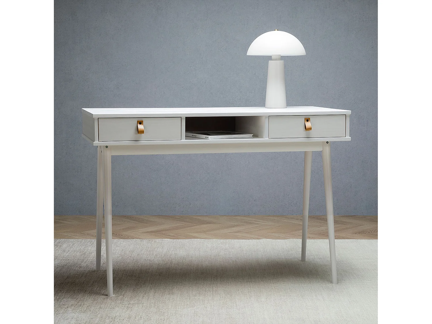 Bureau KIM secrétaire en pin massif avec 2 tiroirs et 1 niche bois lasuré blanc