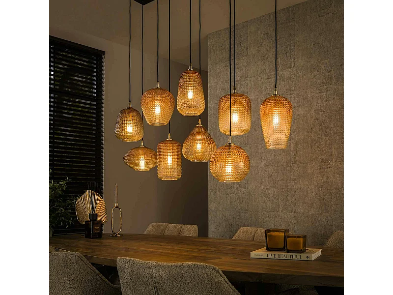 Suspension en verre ambré motif pois 9 abat-jour NOVA