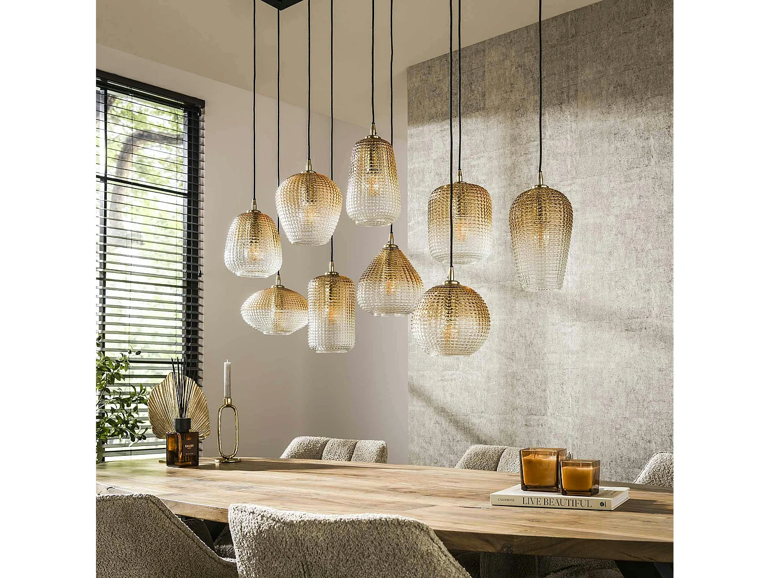 Suspension en verre ambré motif pois 9 abat-jour NOVA