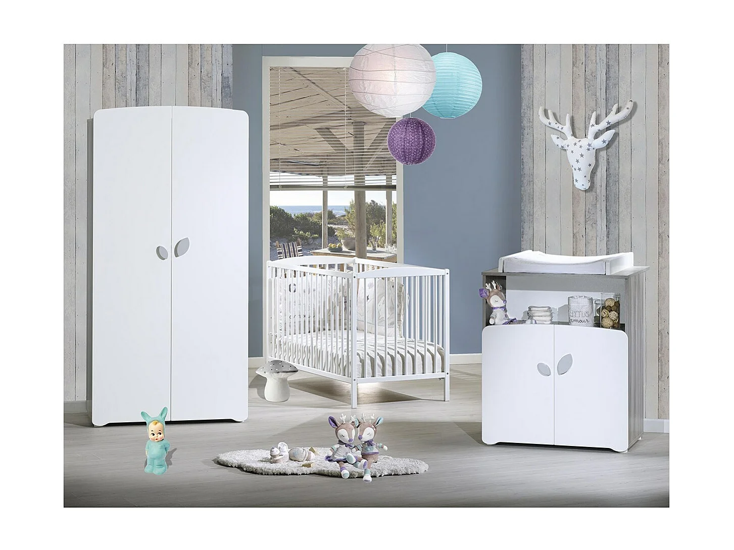 Commode à langer 2 portes 97x76x66cm en bois gris LEAF - BabyPrice