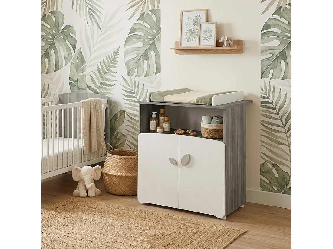 Commode à langer 2 portes 97x76x66cm en bois gris LEAF - BabyPrice
