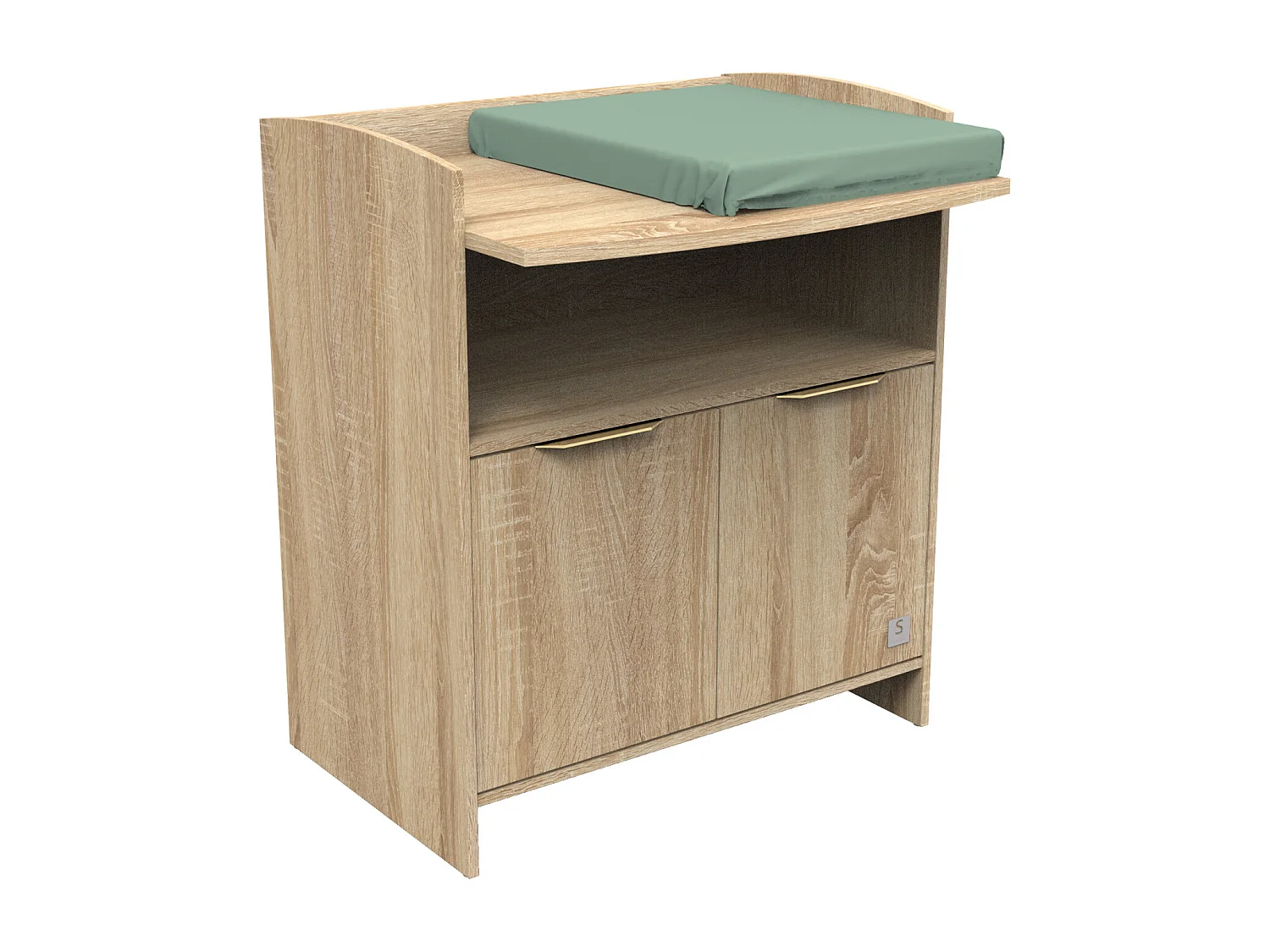 Commode à langer 2 portes et une niche avec poignées dorées décor chêne doré AZUR - Sauthon