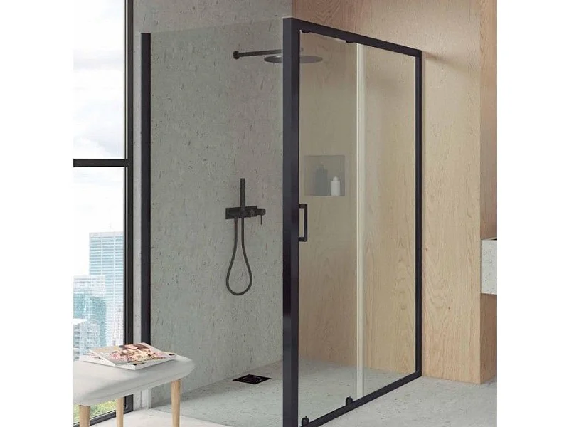 Mampara De Ducha Angular Negro F2 - Anti - Cal 1 Fija + 1 Corredera + Lateral Fijo - 80x150cm