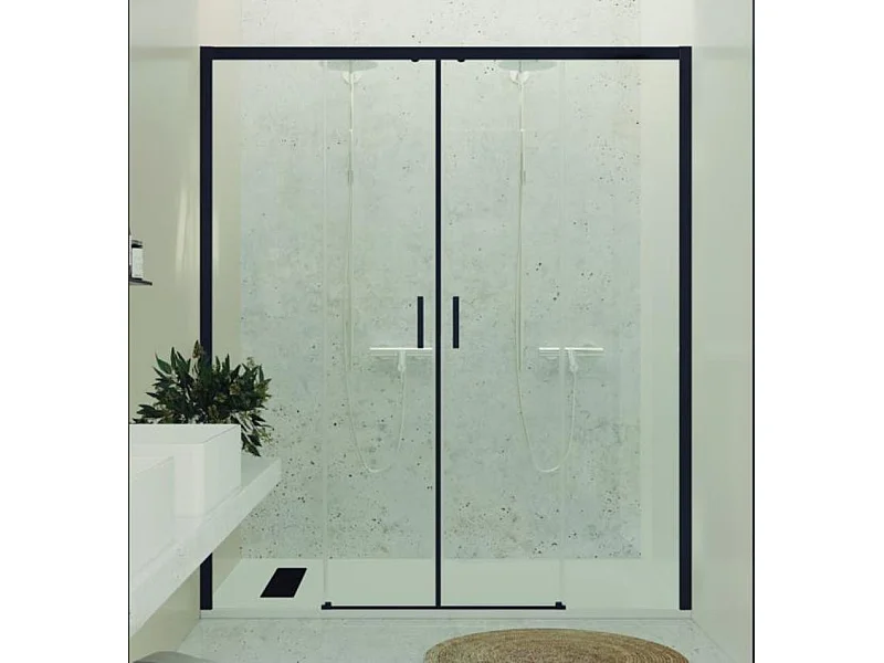 Mampara Frontal F1 - 2 Fijo + 2 Corredera Perfil Negro - Plata Cromo 195cm