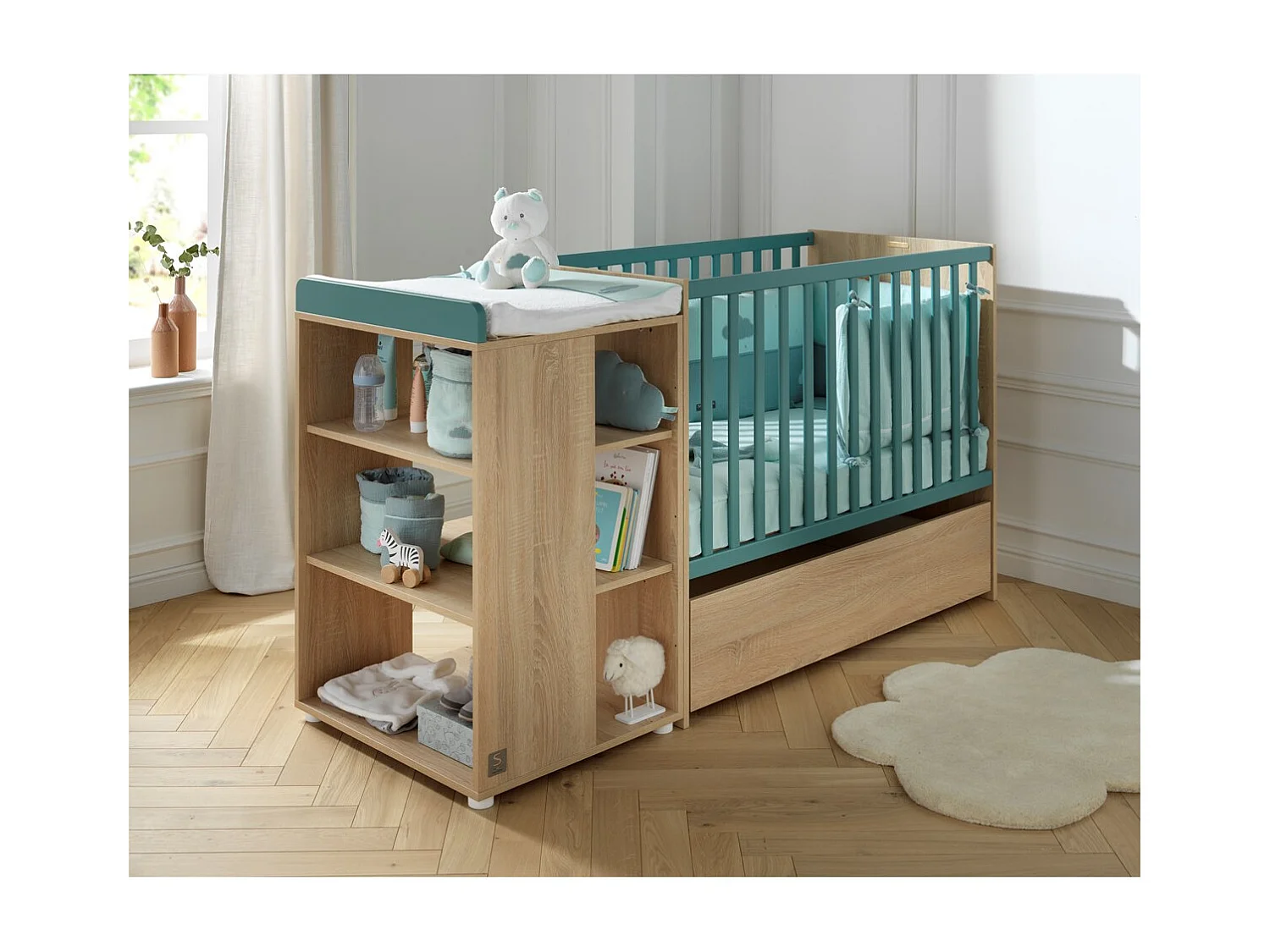 Letto combinato 120x60cm trasformabile in 90x190cm in pannelli effetto legno e azzuro