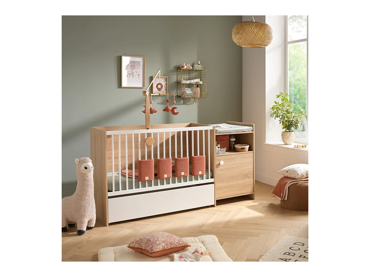 Lit bébé combiné 120x60 évolutif en 90x190 en décor bois avec commode à langer 1 porte UP - BabyPrice