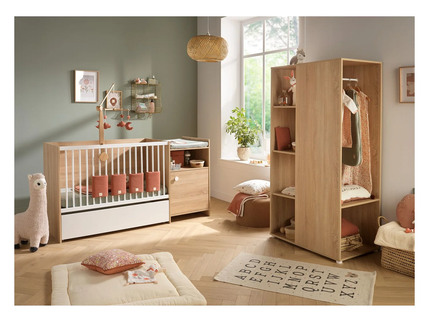 Lit bébé combiné 120x60 évolutif en 90x190 en décor bois avec commode à langer 1 porte UP - BabyPrice