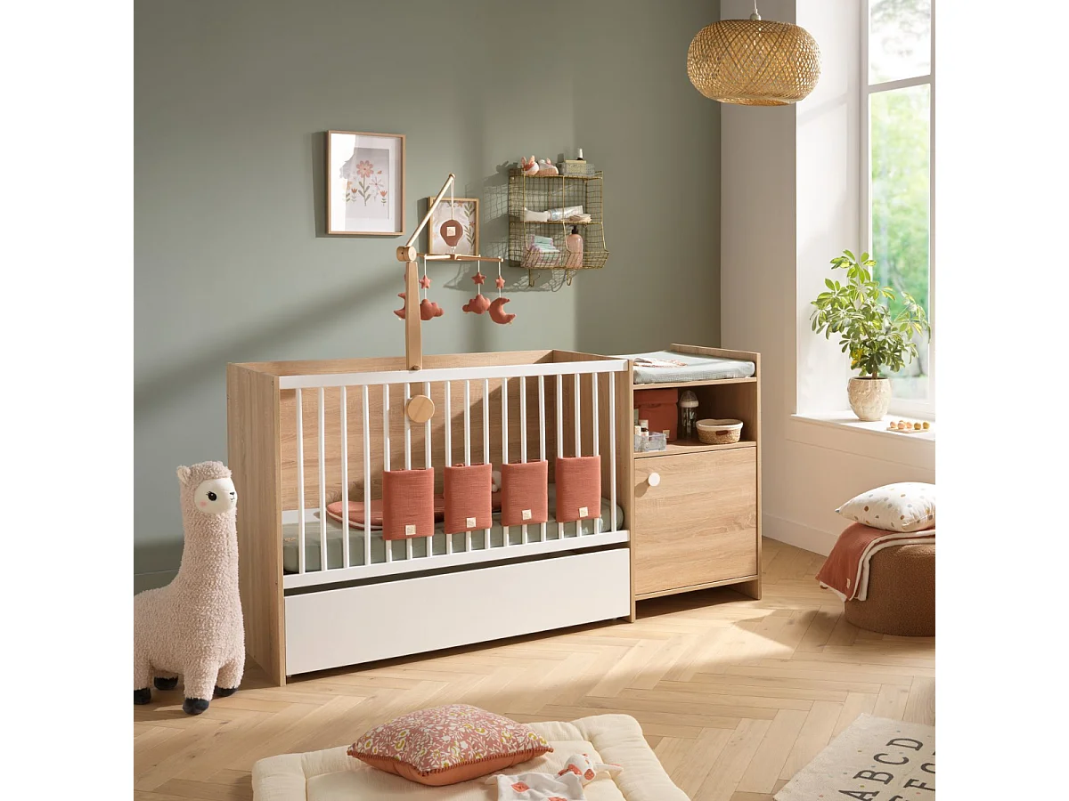 Cuna de madera de 120x60 convertible en 90x190 con cambiador de 1 puerta