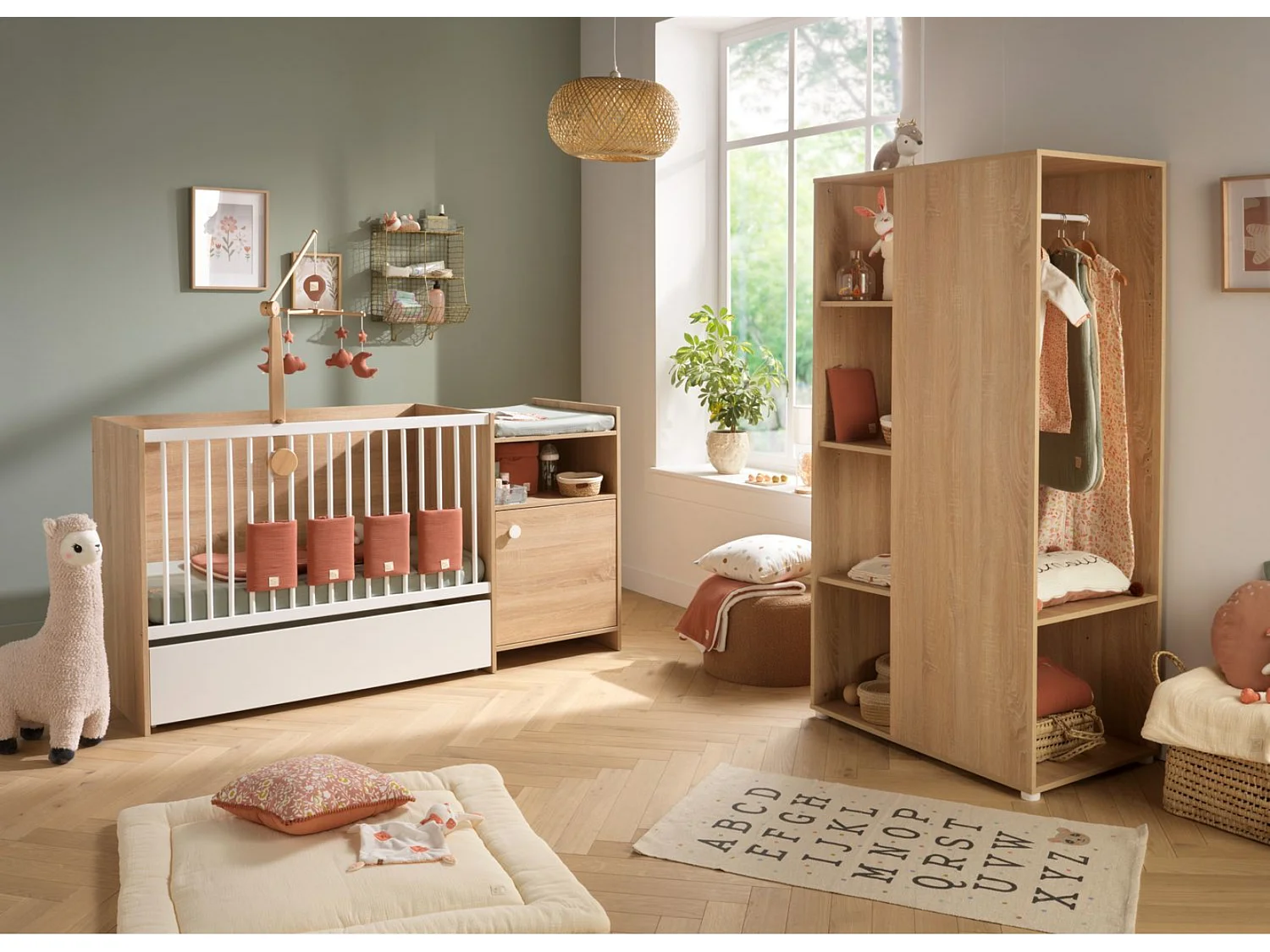 Cuna de madera de 120x60 convertible en 90x190 con cambiador de 1 puerta