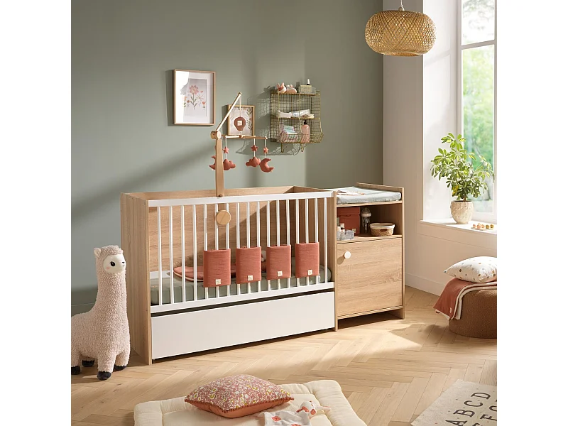 Cuna de madera de 120x60 convertible en 90x190 con cambiador de 1 puerta