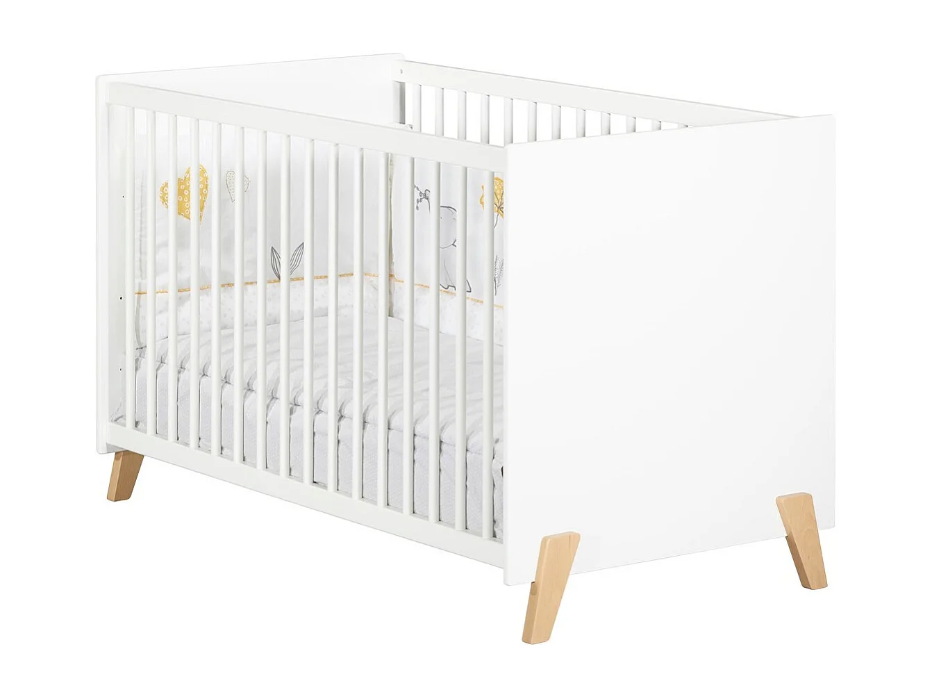 Cama de bebé de 120 x 60 sobre patas de madera blanca