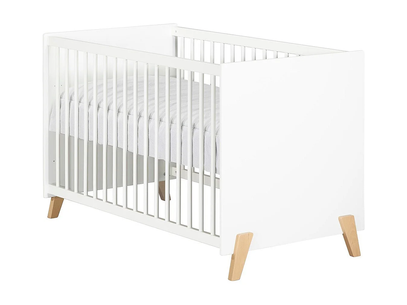 Cama de bebé de 120 x 60 sobre patas de madera blanca