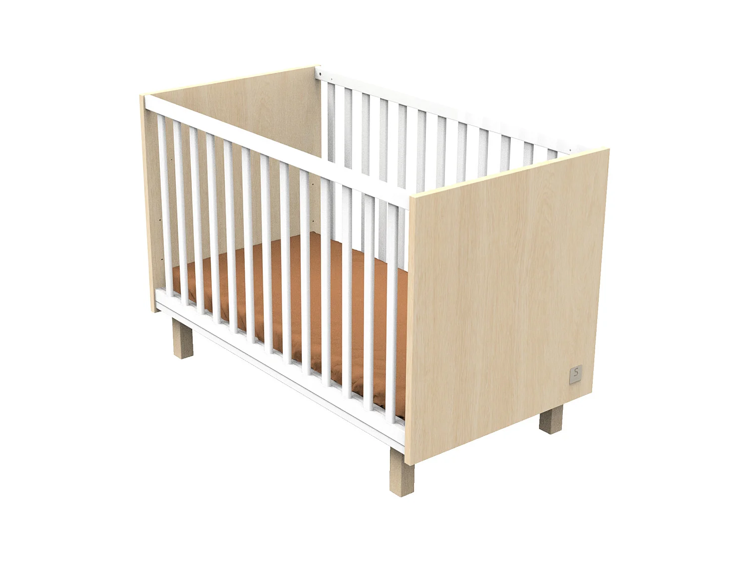 Cuna de 120x60 con patas de roble aterciopelado y balaustres blancos