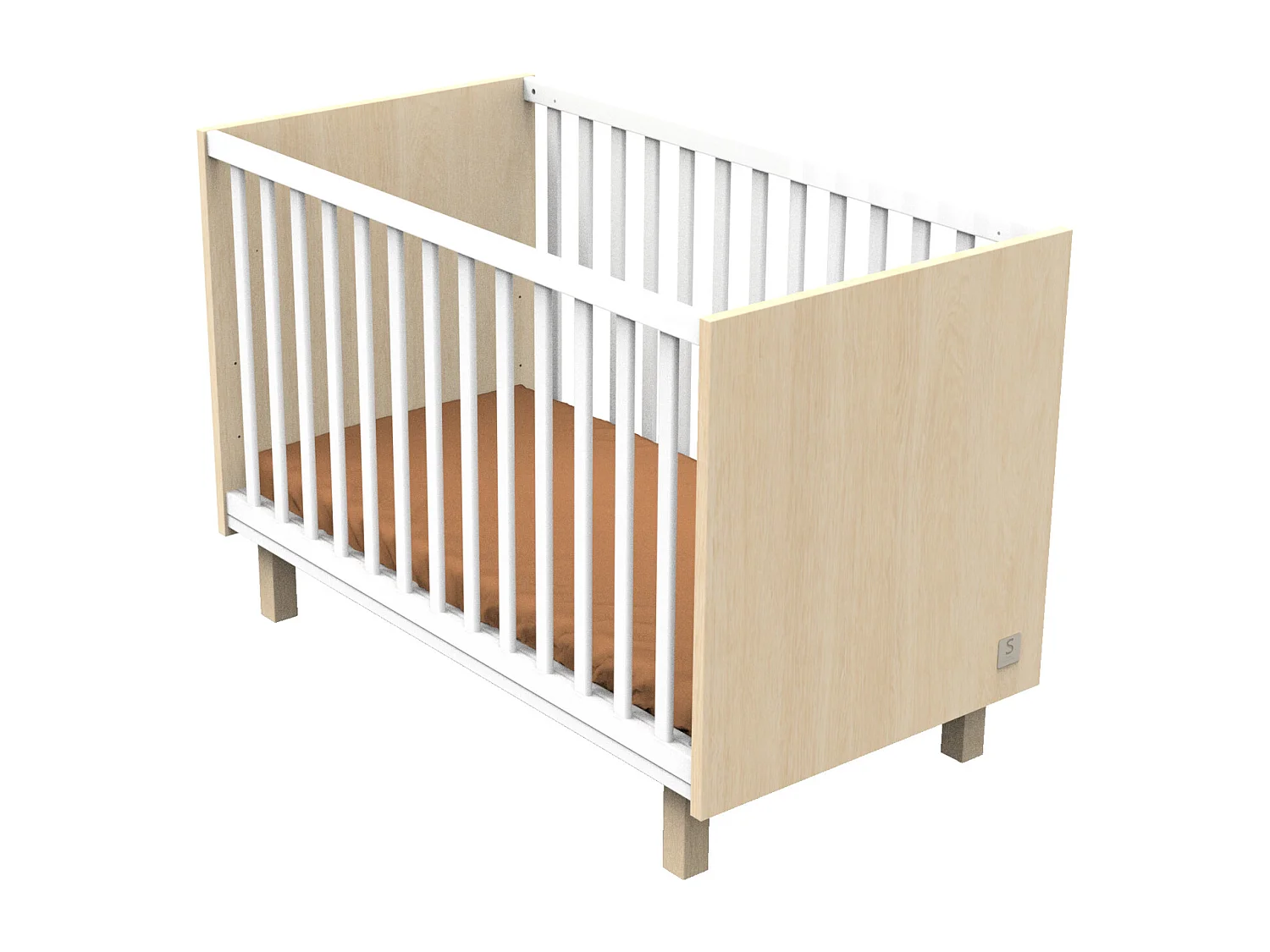 Cuna de 120x60 con patas de roble aterciopelado y balaustres blancos