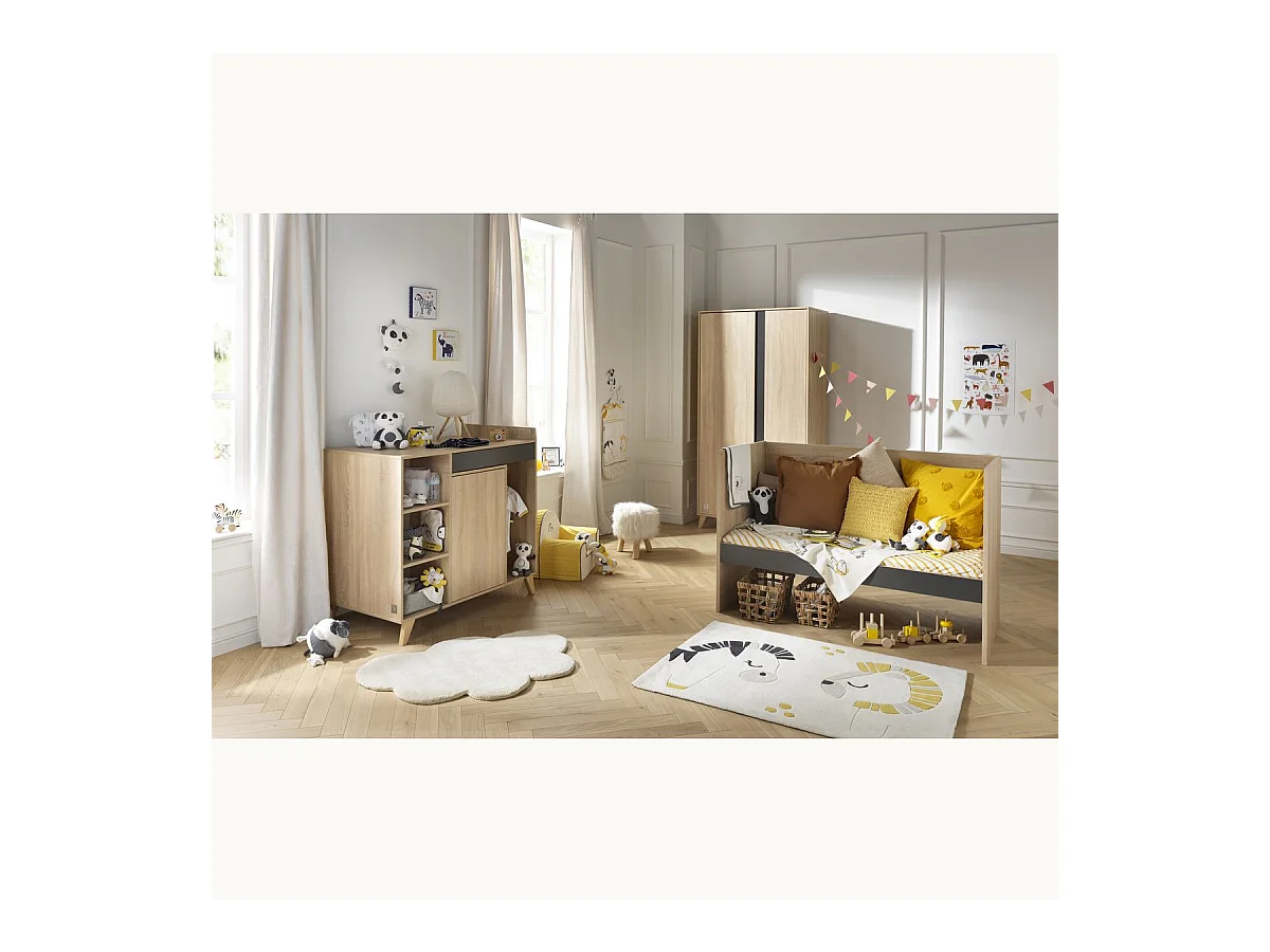 Letto per bambini 140x70cm trasformabile in letto junior 90x200cm in pannelli effetto legno e grigio