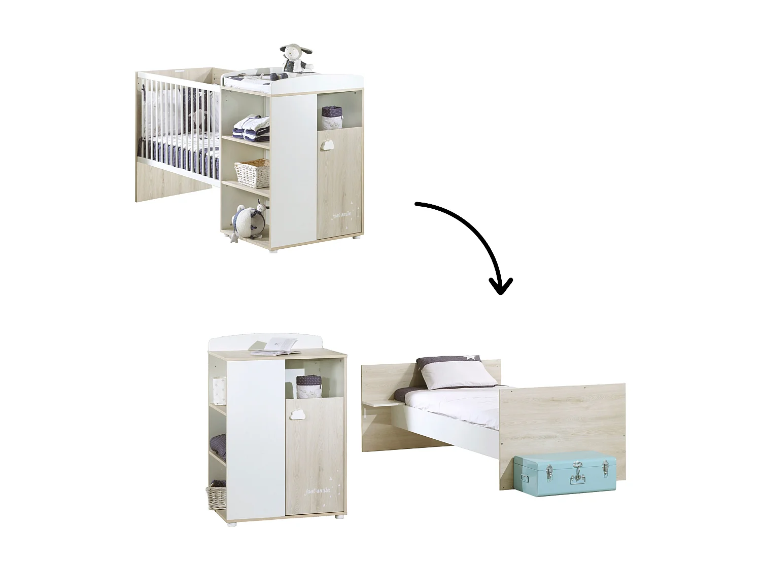 Lit Combiné 120x60 Evolutif en 90x190 en bois SMILE - BabyPrice