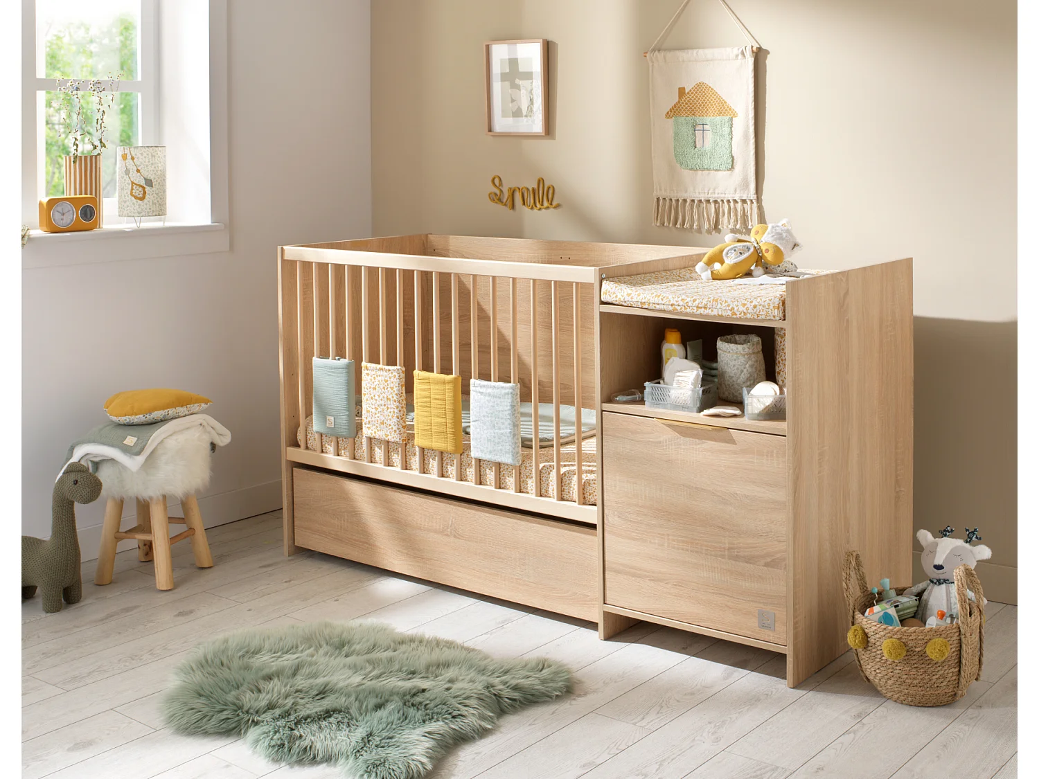 Lit combiné 120x60 évolutif en 90x190 avec porte décor chêne doré AZUR - Sauthon