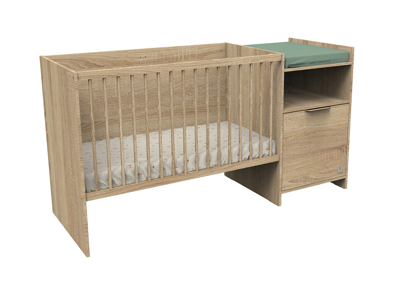 Cama de 120x60 convertible en 90x190 con puerta en decoración roble dorado