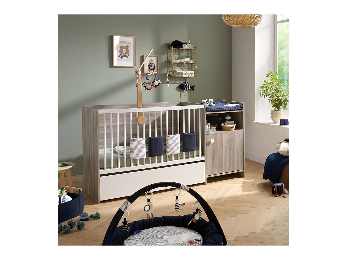 Lit bébé combiné 120x60 évolutif en 90x190 en décor bois avec commode à langer 1 porte UP - BabyPrice