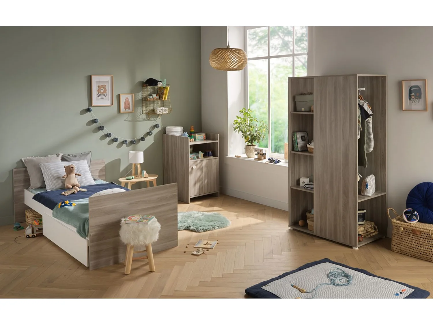 Lit bébé combiné 120x60 évolutif en 90x190 en décor bois avec commode à langer 1 porte UP - BabyPrice