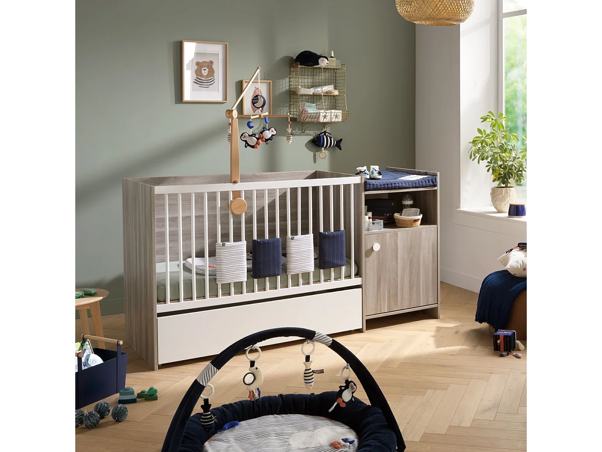 Lit bébé combiné 120x60 évolutif en 90x190 en décor bois avec commode à langer 1 porte UP - BabyPrice