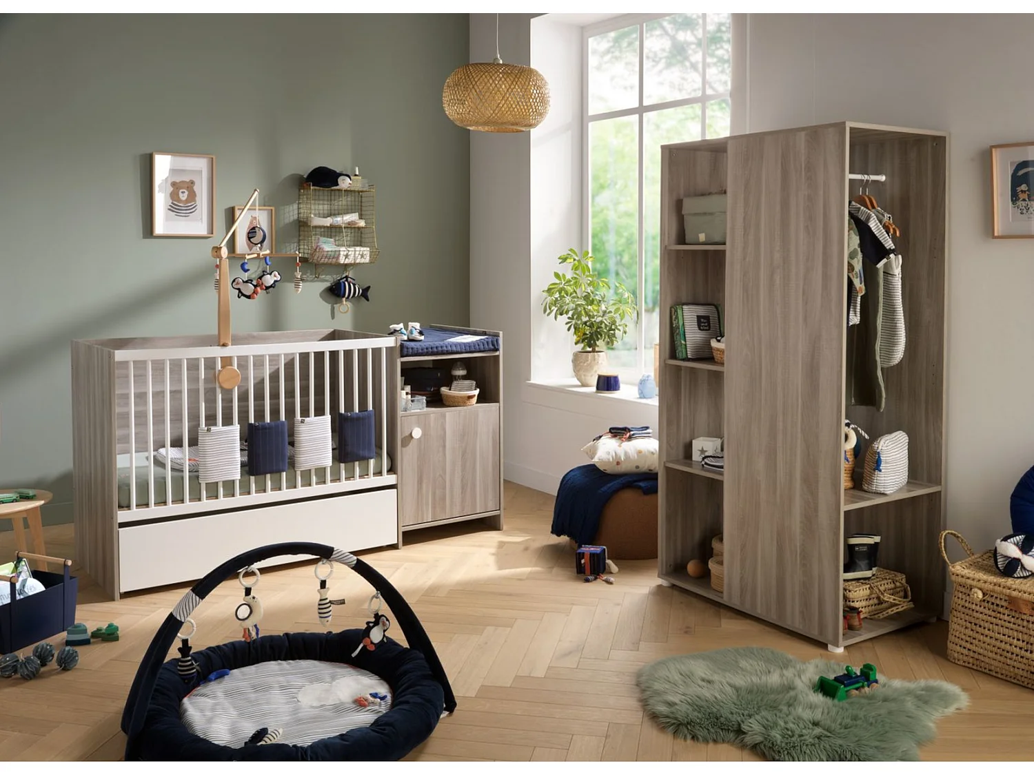 Lit bébé combiné 120x60 évolutif en 90x190 en décor bois avec commode à langer 1 porte UP - BabyPrice