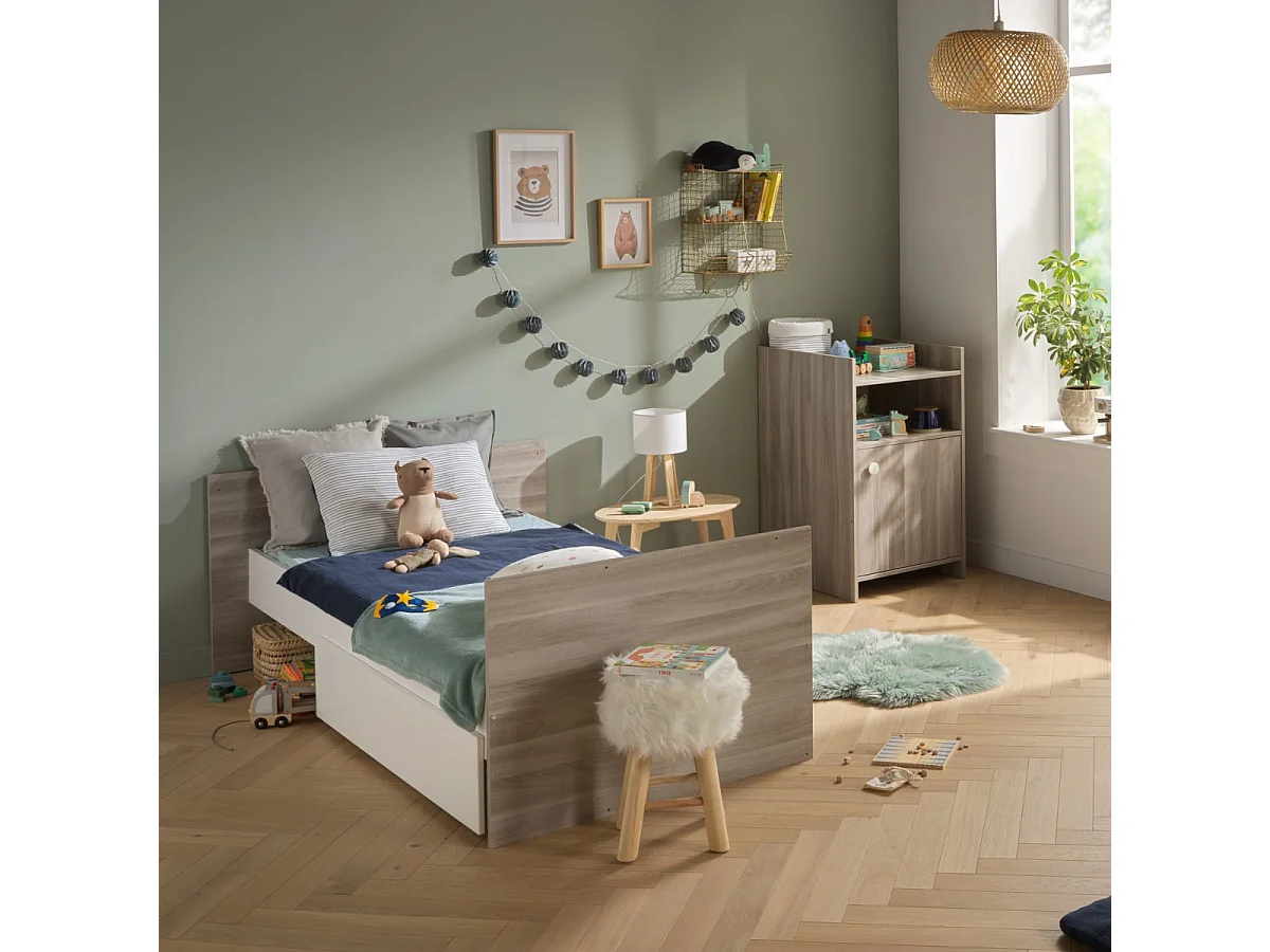 Lit bébé combiné 120x60 évolutif en 90x190 en décor bois avec commode à langer 1 porte UP - BabyPrice