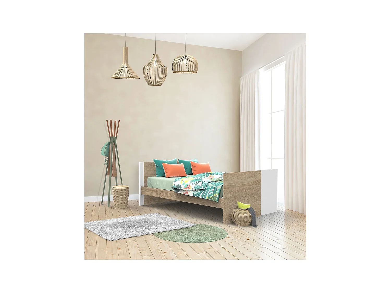 Lettino in pannelli effetto legno e bianco 140x70cm trasformabile in letto junior 90x190cm