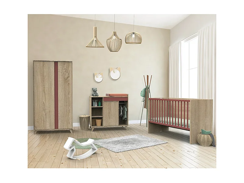 Lettino in pannelli effetto legno e rosa 140x70cm trasformabile in letto junior 90x190cm