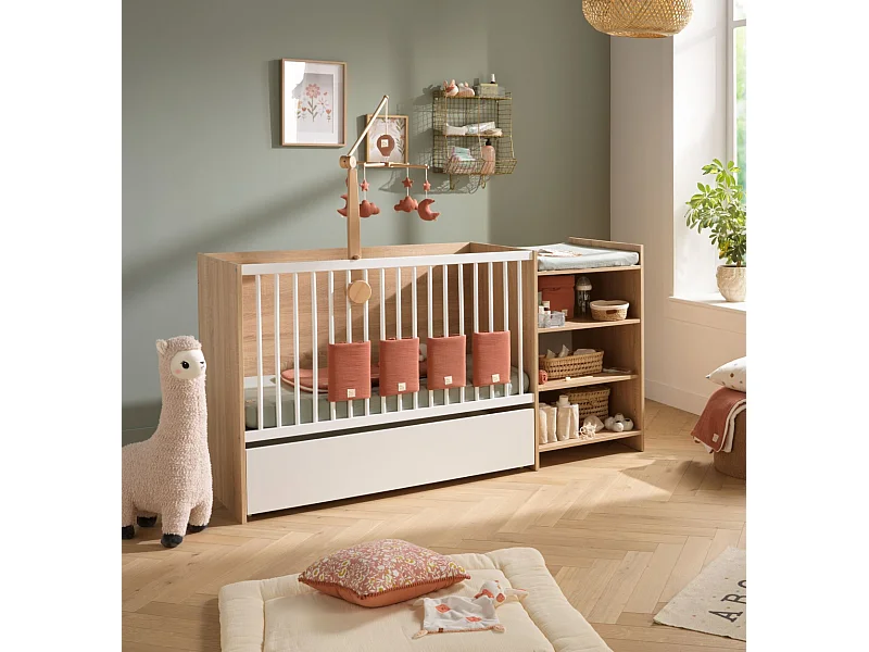 Lit bébé combiné 120x60 évolutif en 90x190 en décor bois avec commode à langer étagère UP - BabyPrice