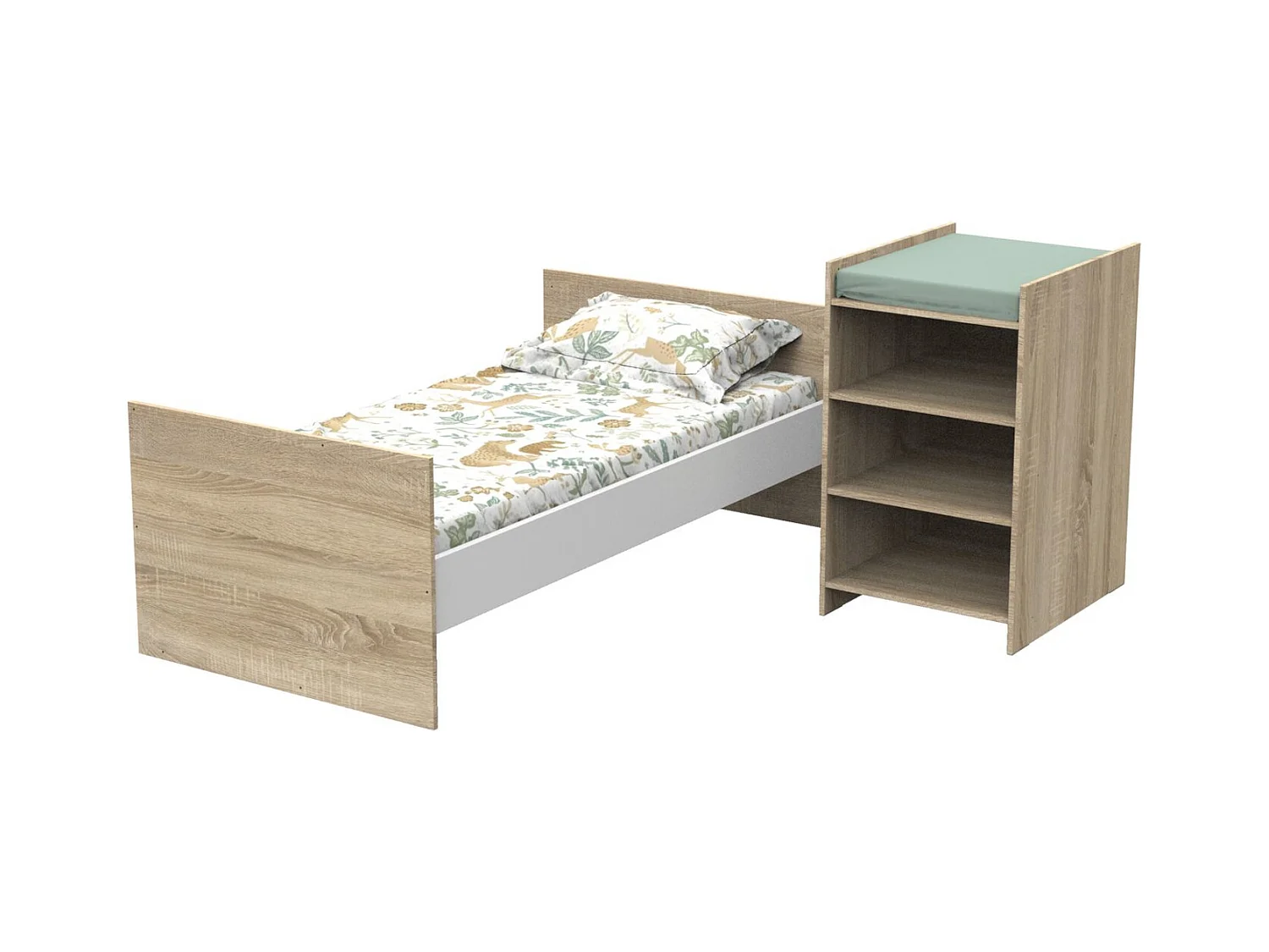 Lit bébé combiné 120x60 évolutif en 90x190 en décor bois avec commode à langer étagère UP - BabyPrice