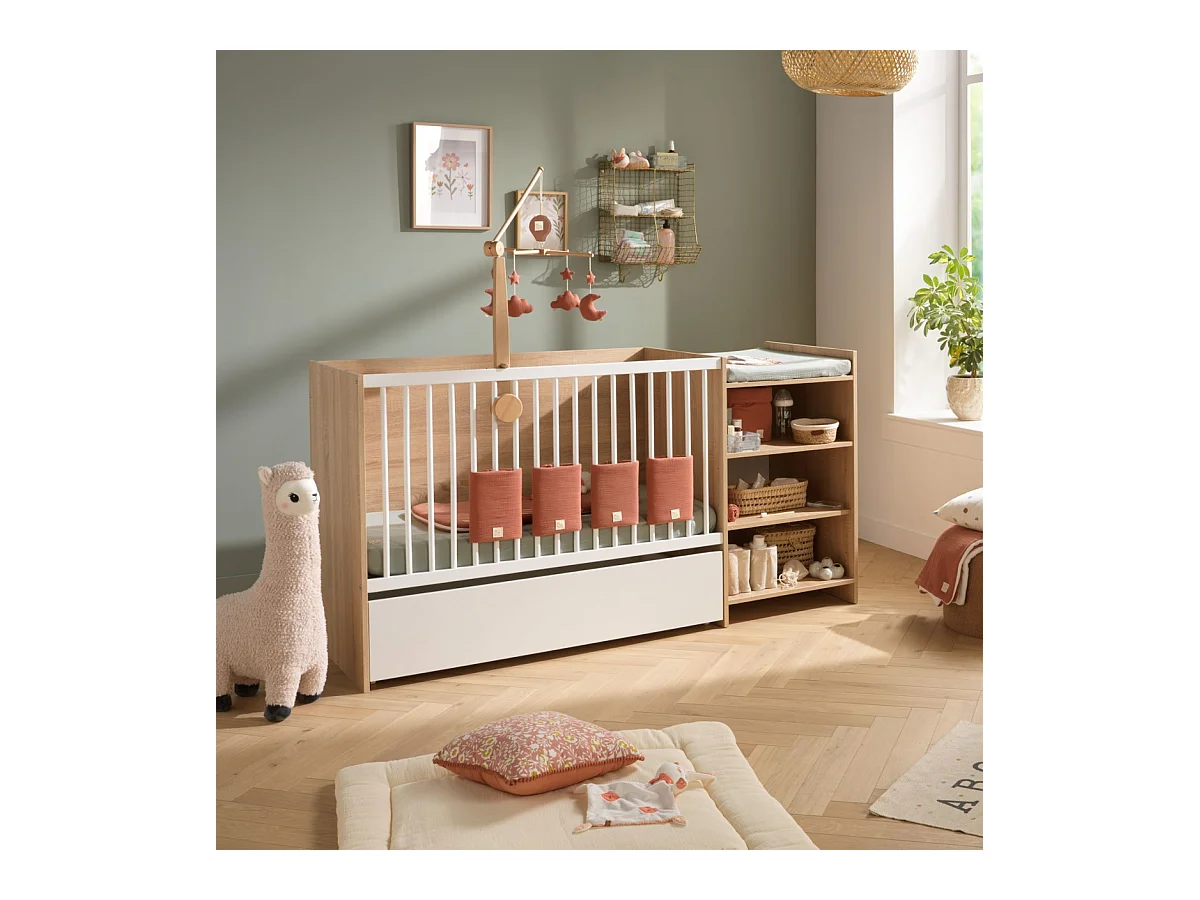 Lit bébé combiné 120x60 évolutif en 90x190 en décor bois avec commode à langer étagère UP - BabyPrice