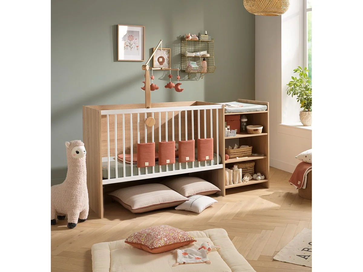 Lit bébé combiné 120x60 évolutif en 90x190 en décor bois avec commode à langer étagère UP - BabyPrice