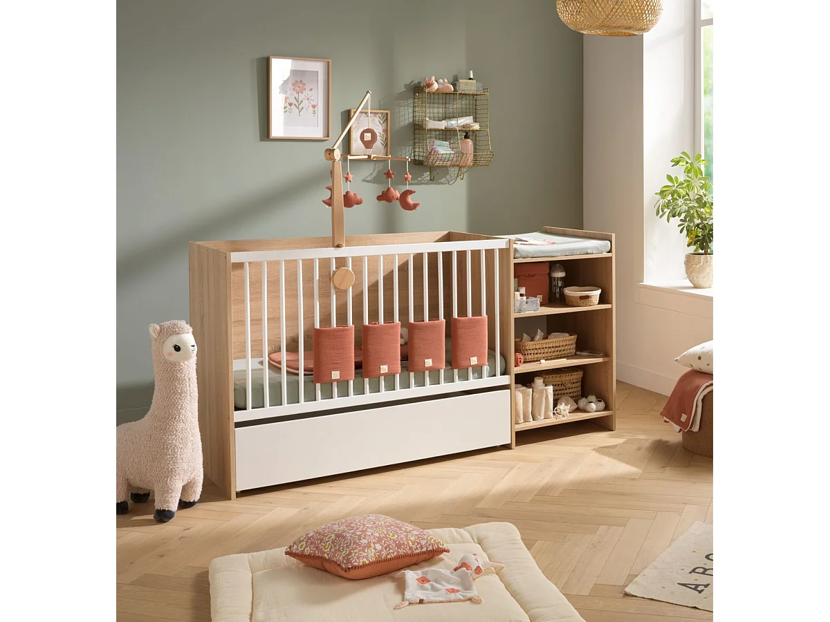 Lit bébé combiné 120x60 évolutif en 90x190 en décor bois avec commode à langer étagère UP - BabyPrice