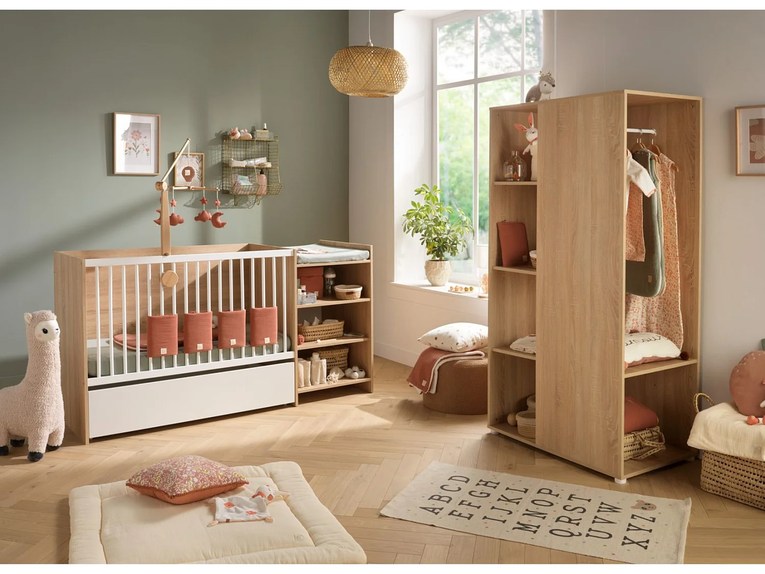 Lit bébé combiné 120x60 évolutif en 90x190 en décor bois avec commode à langer étagère UP - BabyPrice