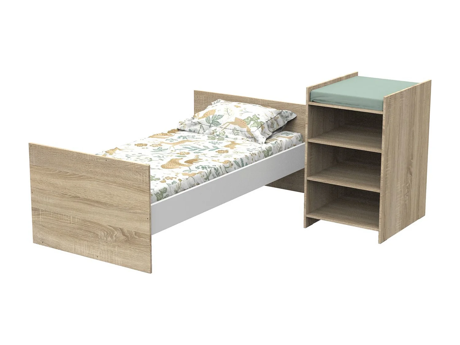Lit bébé combiné 120x60 évolutif en 90x190 en décor bois avec commode à langer étagère UP - BabyPrice