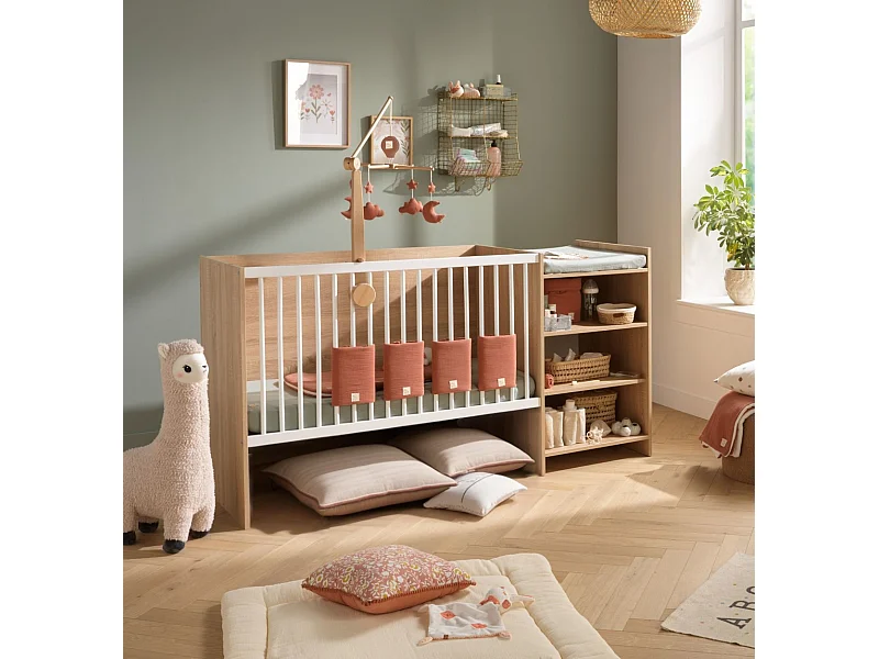 Lit bébé combiné 120x60 évolutif en 90x190 en décor bois avec commode à langer étagère UP - BabyPrice