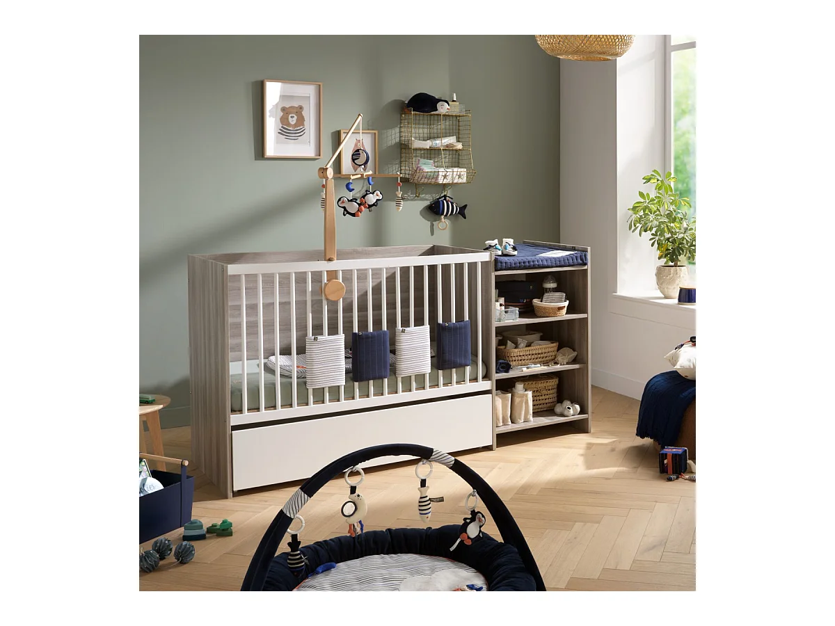 Lit bébé combiné 120x60 évolutif en 90x190 en décor bois avec commode à langer étagère UP - BabyPrice