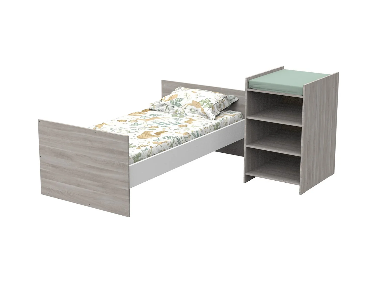 Lit bébé combiné 120x60 évolutif en 90x190 en décor bois avec commode à langer étagère UP - BabyPrice