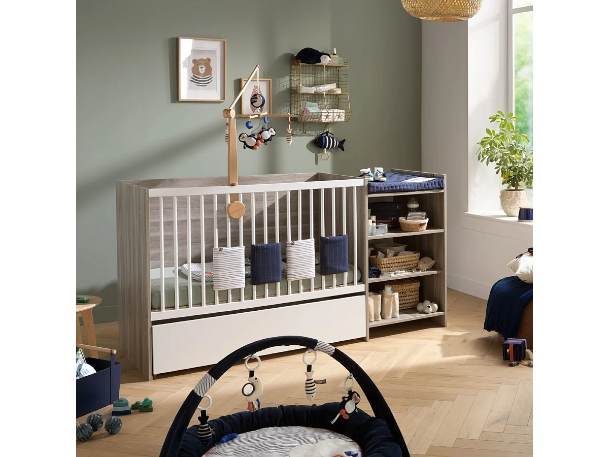 Lit bébé combiné 120x60 évolutif en 90x190 en décor bois avec commode à langer étagère UP - BabyPrice
