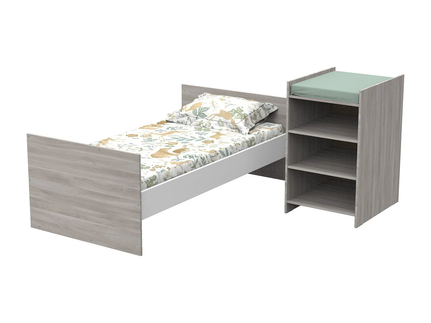 Lit bébé combiné 120x60 évolutif en 90x190 en décor bois avec commode à langer étagère UP - BabyPrice
