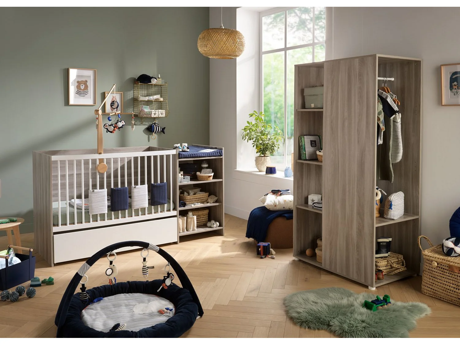 Lit bébé combiné 120x60 évolutif en 90x190 en décor bois avec commode à langer étagère UP - BabyPrice
