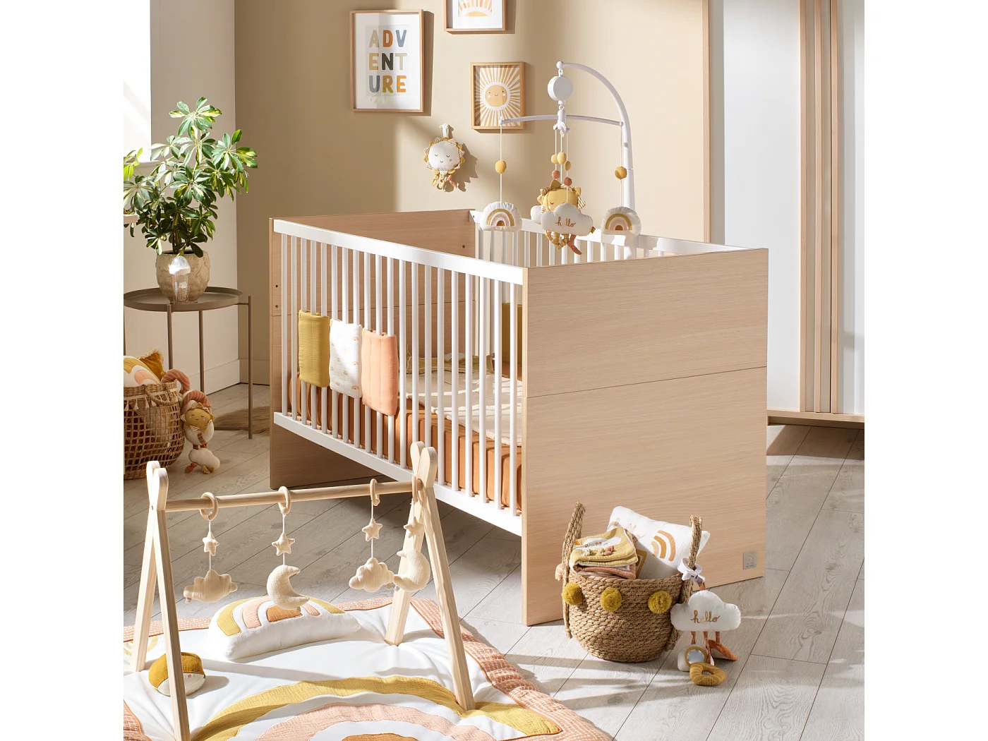 Lit évolutif 140x70 - Little Big Bed en bois décor chêne velours et balustres blancs NATURE - Sauthon