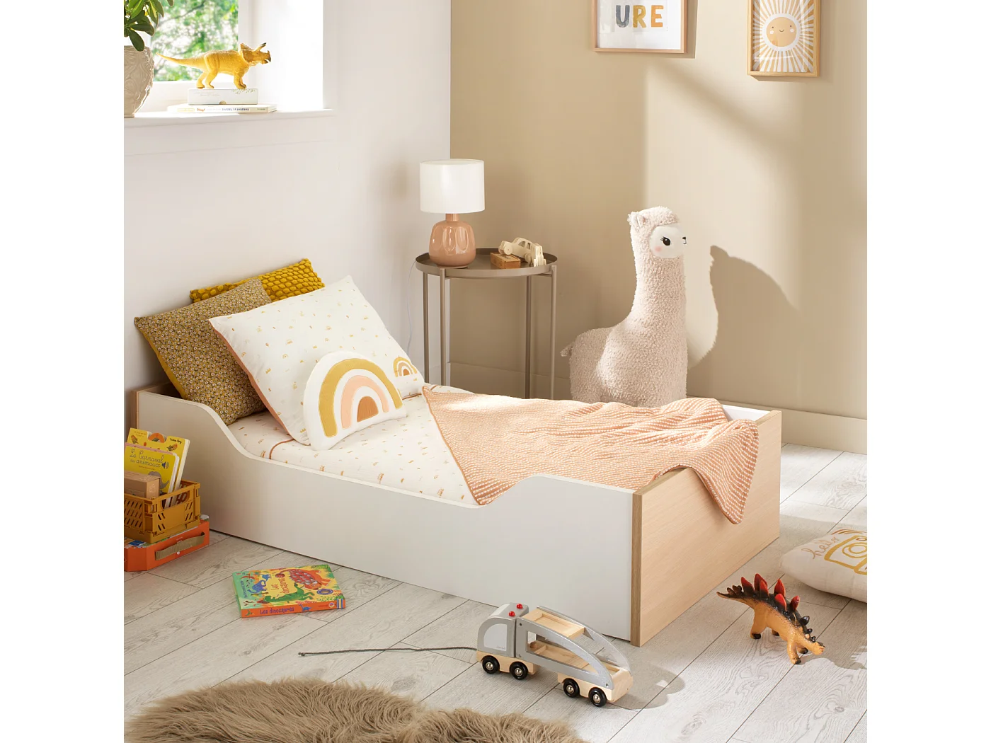 Lit évolutif 140x70 - Little Big Bed en bois décor chêne velours et balustres blancs NATURE - Sauthon