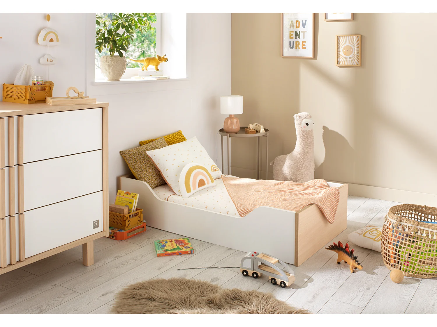 Lit évolutif 140x70 - Little Big Bed en bois décor chêne velours et balustres blancs NATURE - Sauthon