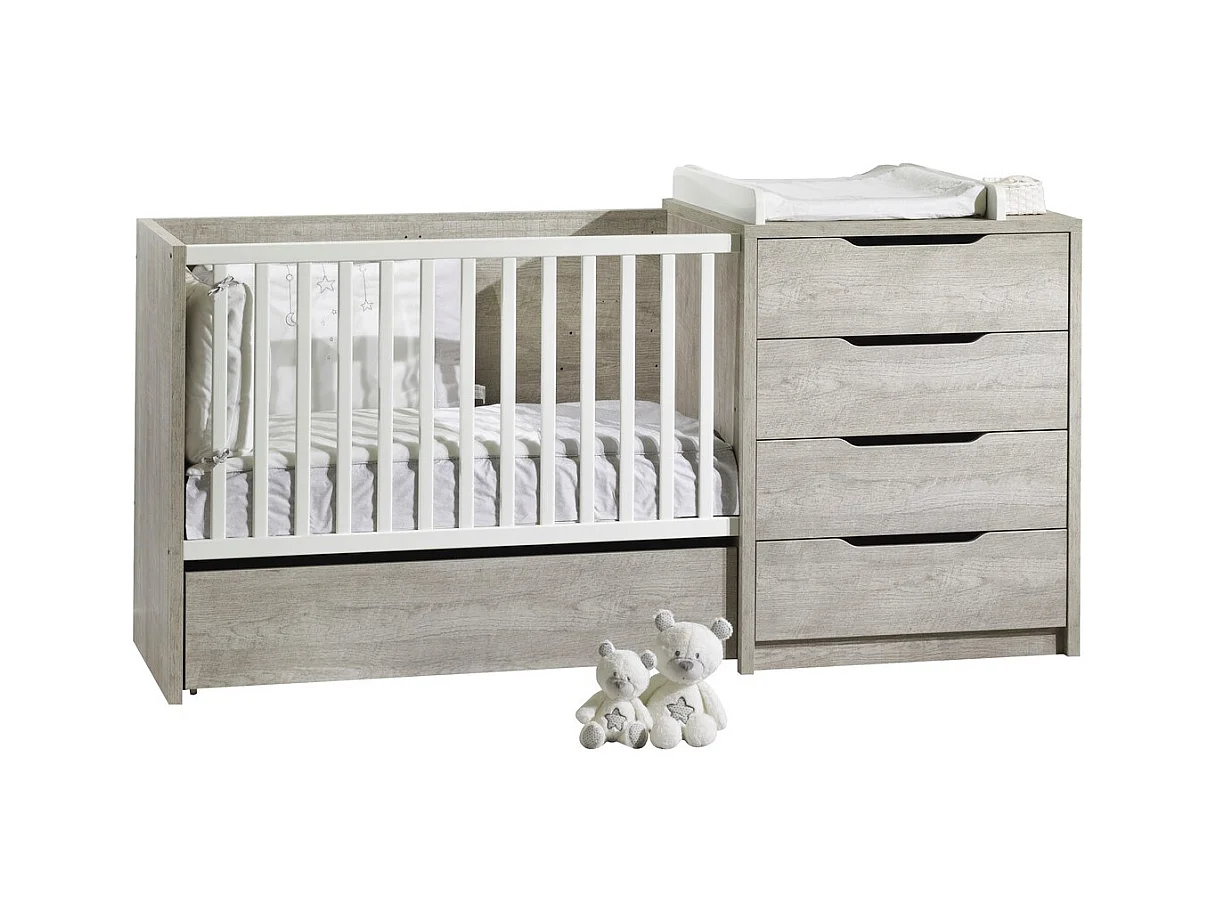 Lit combiné 120x60 évolutif en bois blanc LOFT - Sauthon